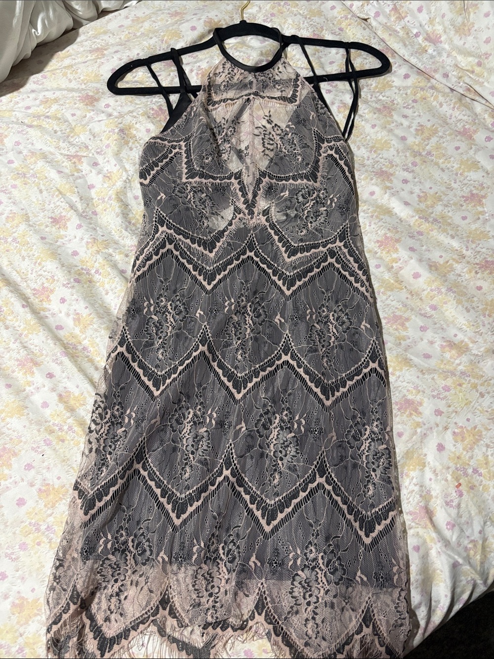Free People Blush and Black Lace Halter Midi Dress